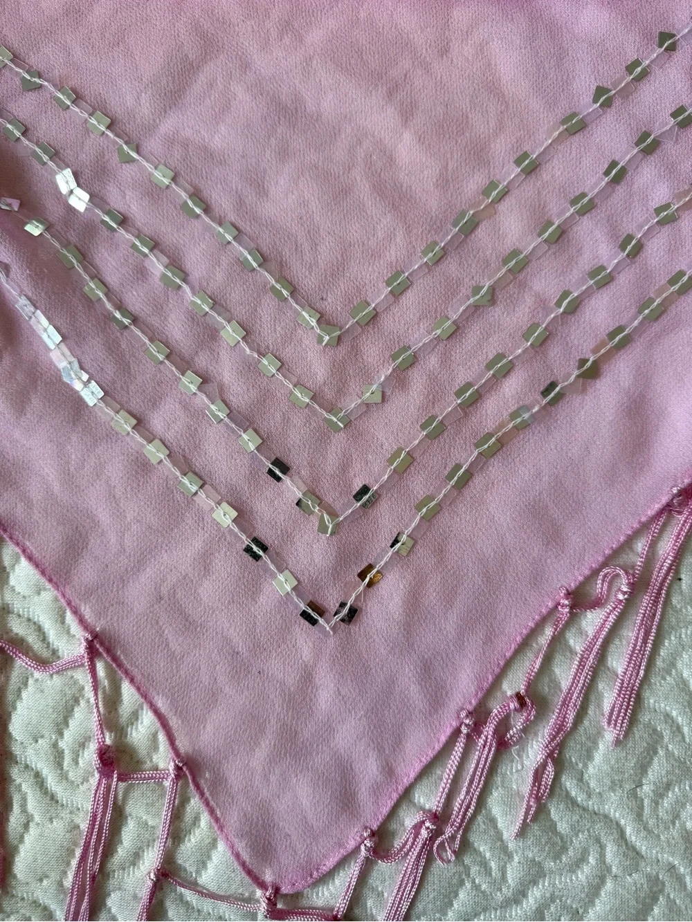 Vintage | Pink Silk Sequins Fringe Scarf Wrapped
